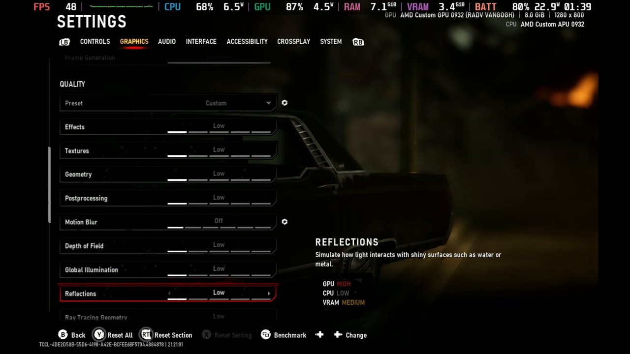 Gears of War E-Day quality settings on Steam Deck: Custom preset with Low effects, textures and geometry