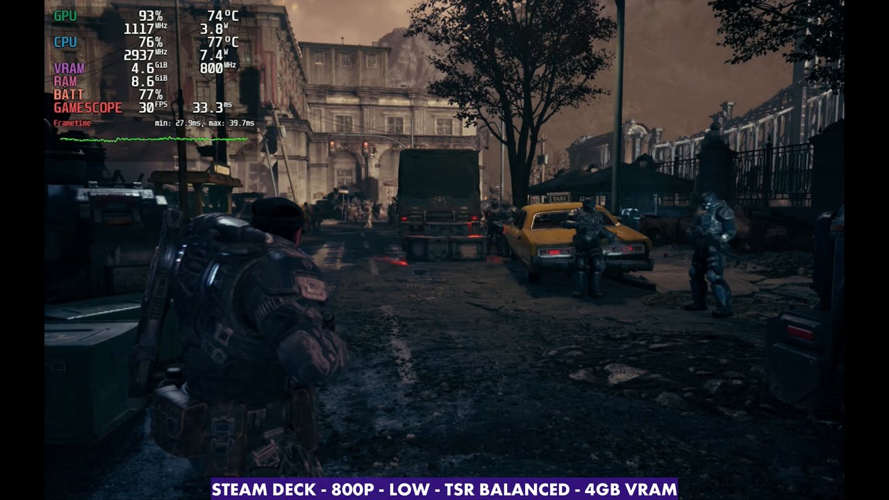 Gears of War E-Day on Steam Deck at 30 FPS with TSR Balanced, 800p Low