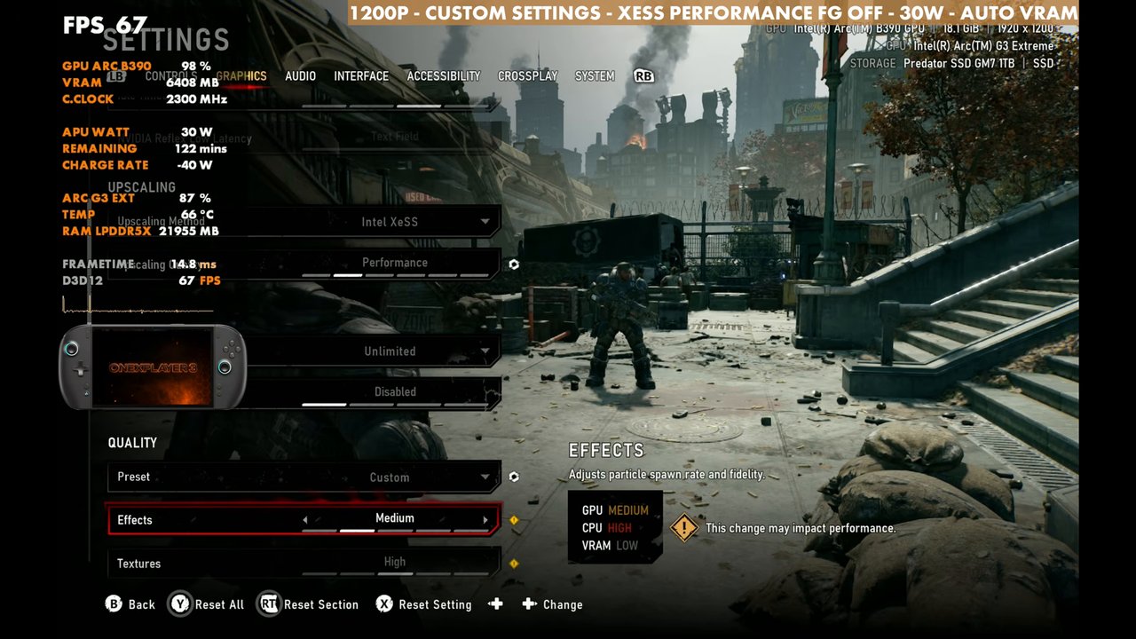 Gears of War E-Day custom graphics settings on OneXPlayer 3 G3 Extreme