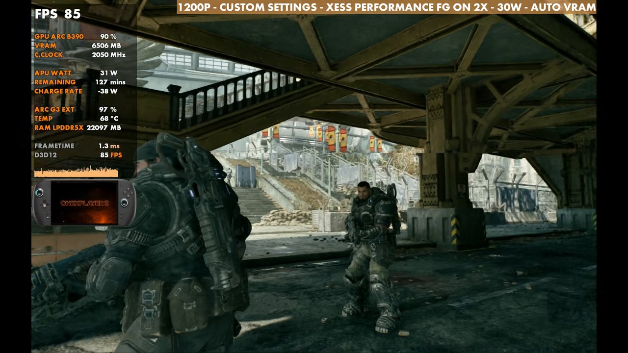 Gears of War E-Day with XeSS frame generation 2x on OneXPlayer 3 at 1200p, 30W