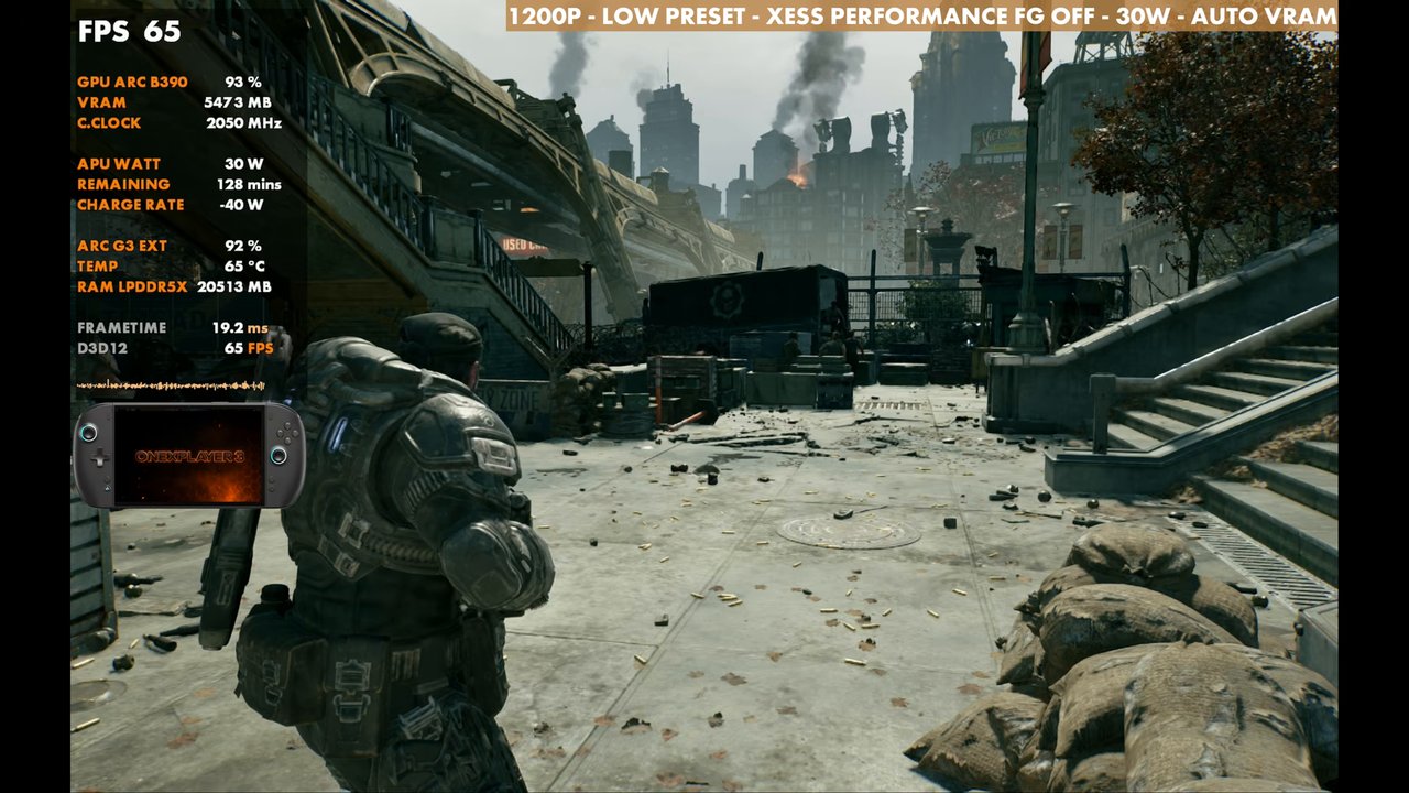 Gears of War E-Day on OneXPlayer 3 at 65 FPS, 1200p Low preset, XeSS Performance, 30W