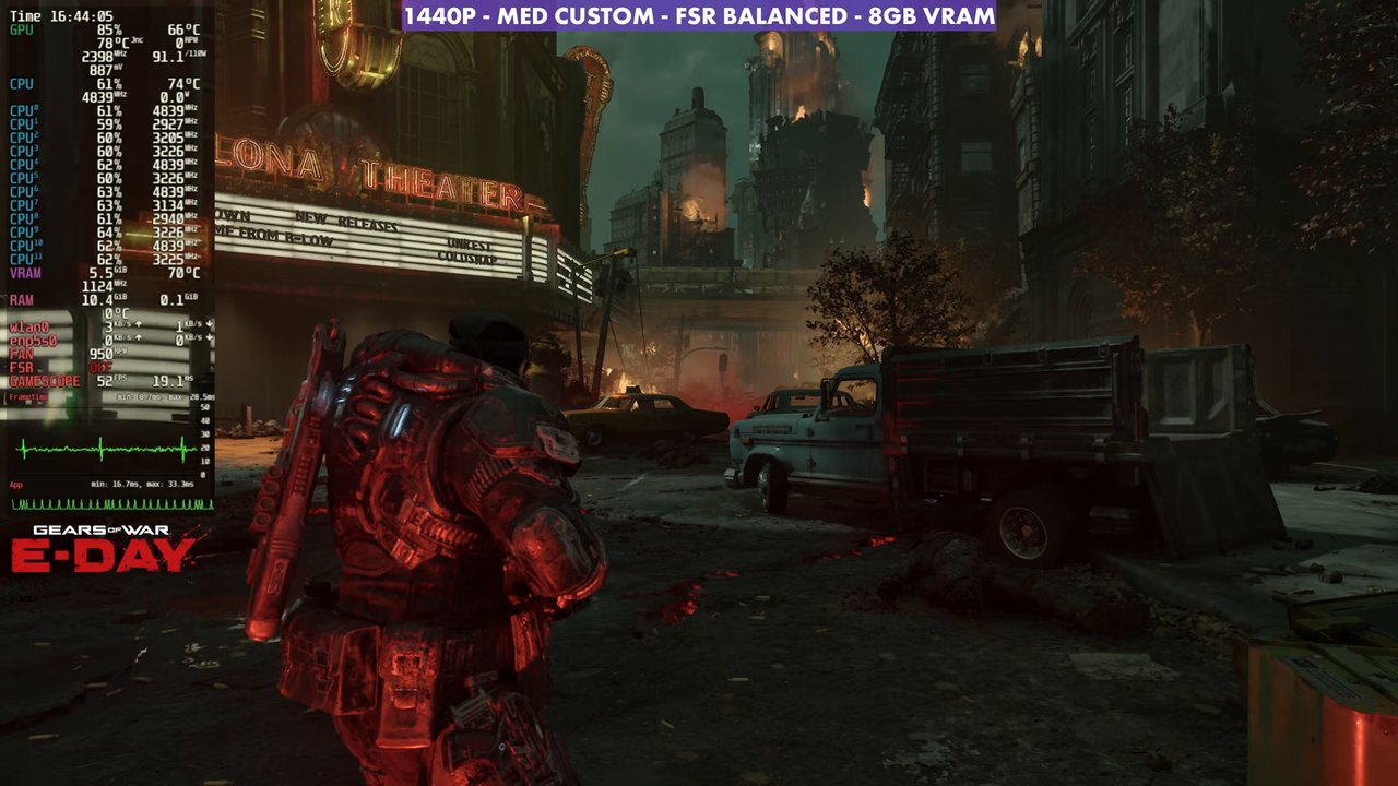 Gears of War E-Day on Steam Machine at 1440p with custom medium settings and FSR Balanced