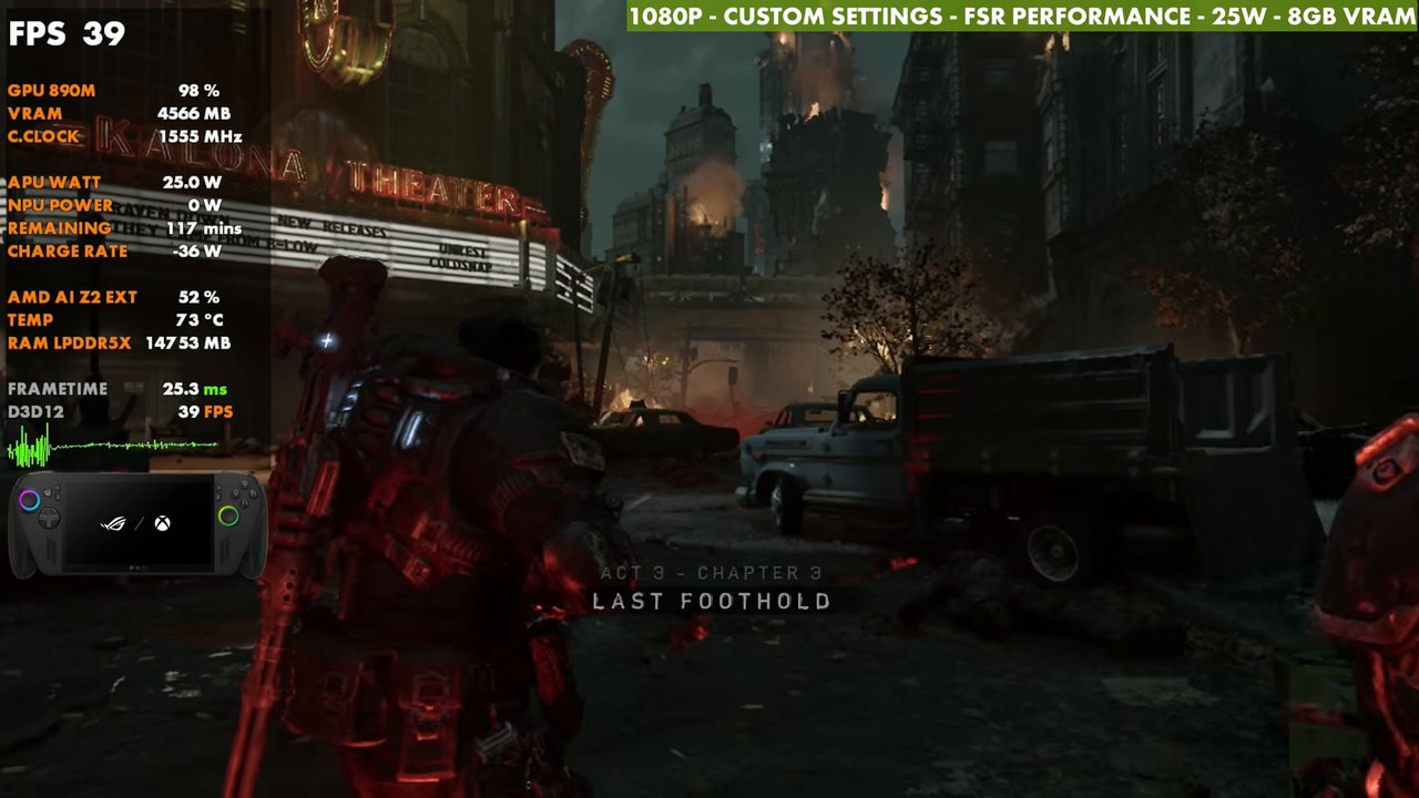 Gears of War E-Day on ROG Xbox Ally X at 39 FPS, 1080p custom settings, FSR Performance, 25W