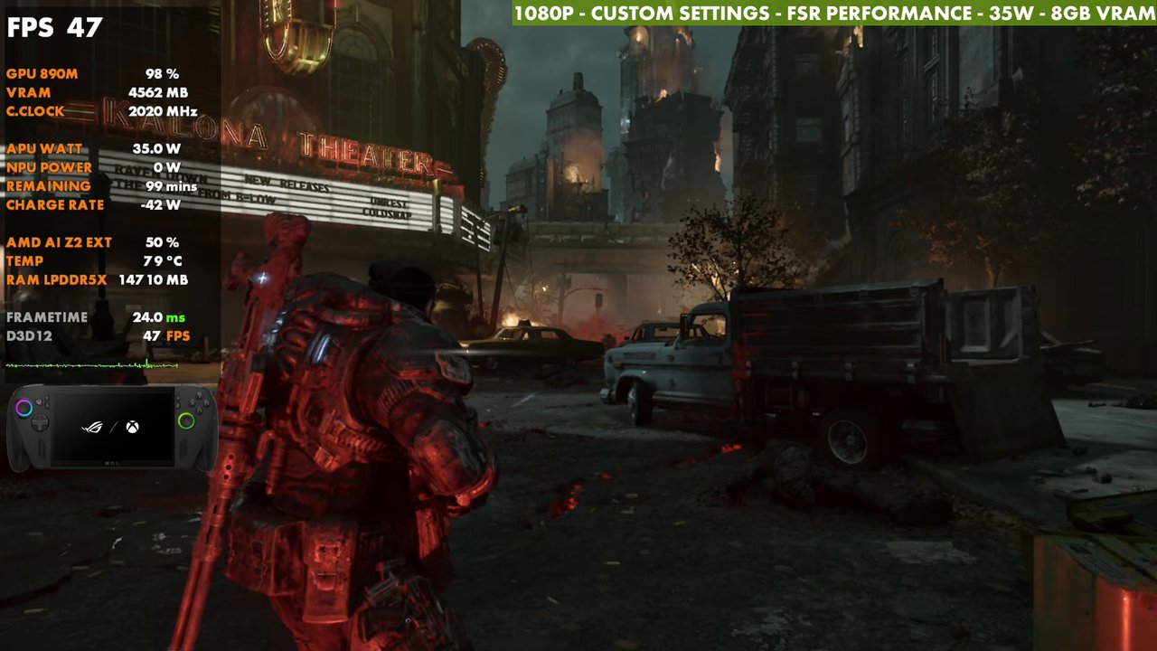 Gears of War E-Day on ROG Xbox Ally X at 47 FPS, 1080p custom settings, FSR Performance, 35W