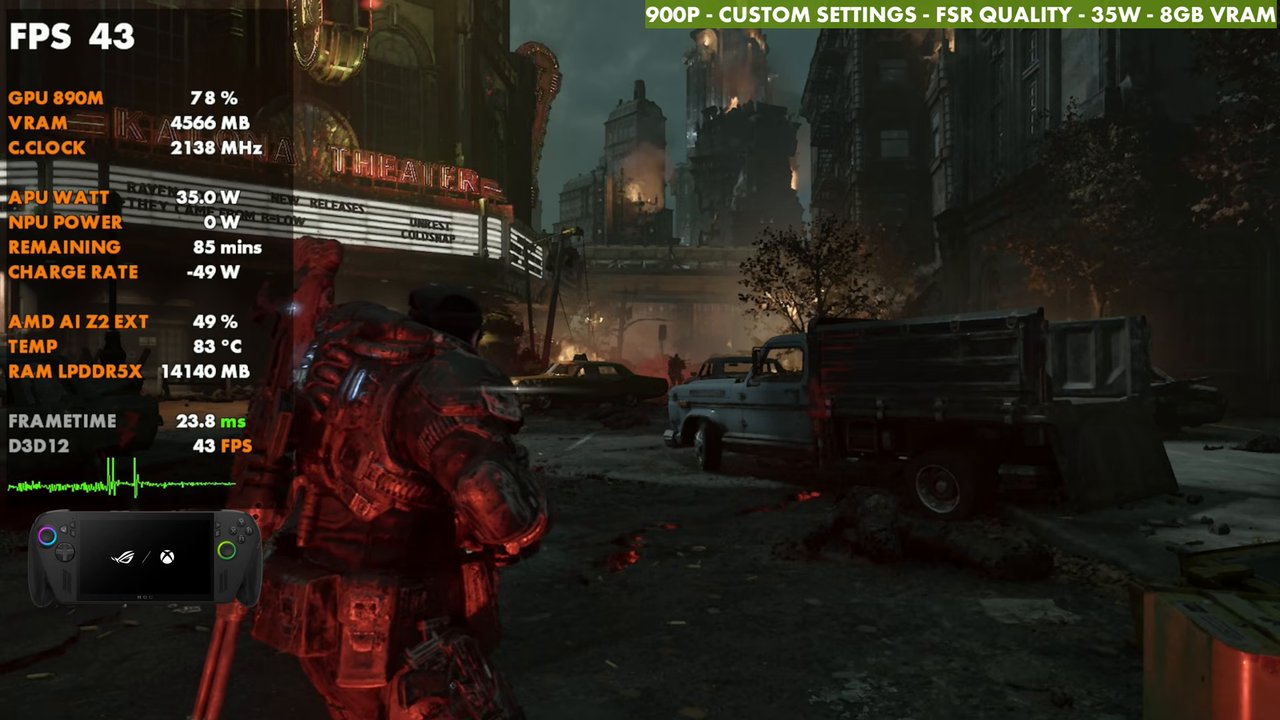 Gears of War E-Day on ROG Xbox Ally X at 900p custom settings with FSR Quality at 35W