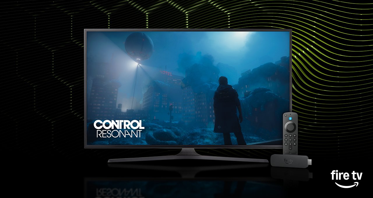 A TV showing CONTROL Resonant streaming through GeForce NOW next to a Fire TV Stick and remote.