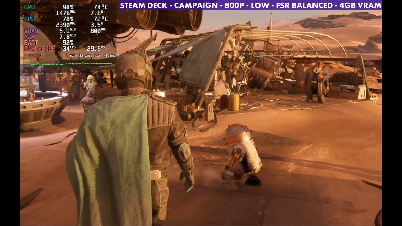 Galactic Racer campaign hub on Steam Deck OLED at 34 FPS, 800p Low FSR Balanced