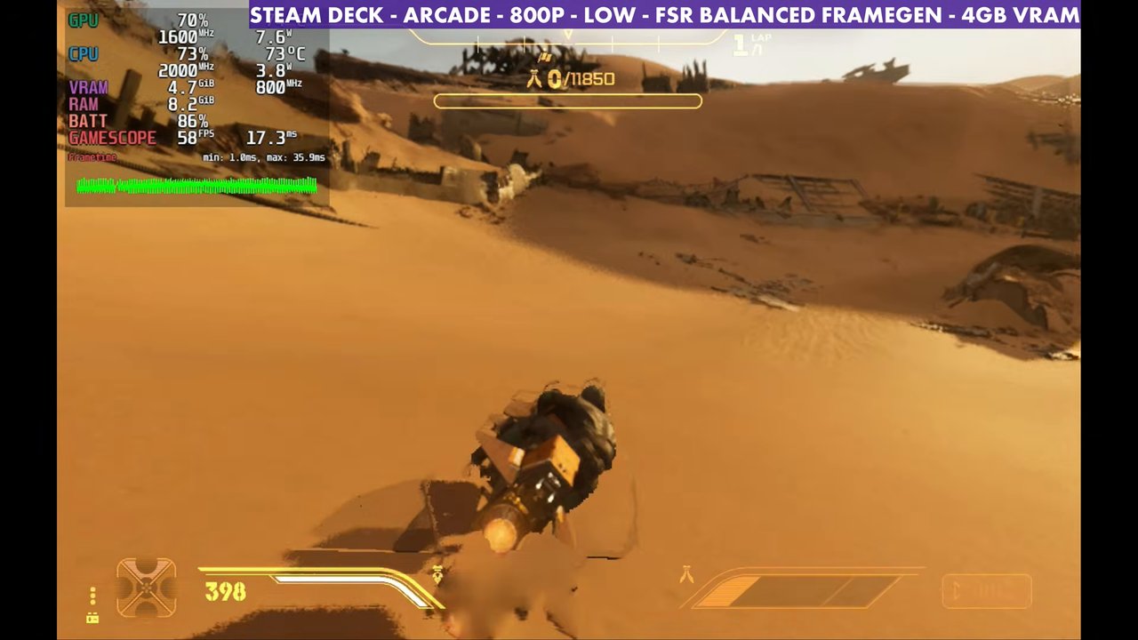 Galactic Racer with frame gen and a 1600 MHz manual GPU clock on Steam Deck OLED
