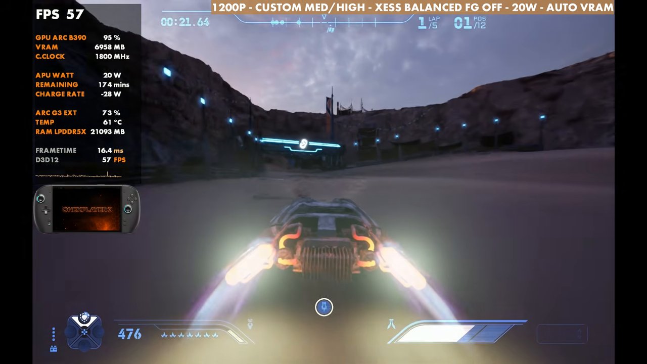 Star Wars Galactic Racer on OneXPlayer 3 at 57 FPS, 1200p custom medium/high, XeSS Balanced, 20W