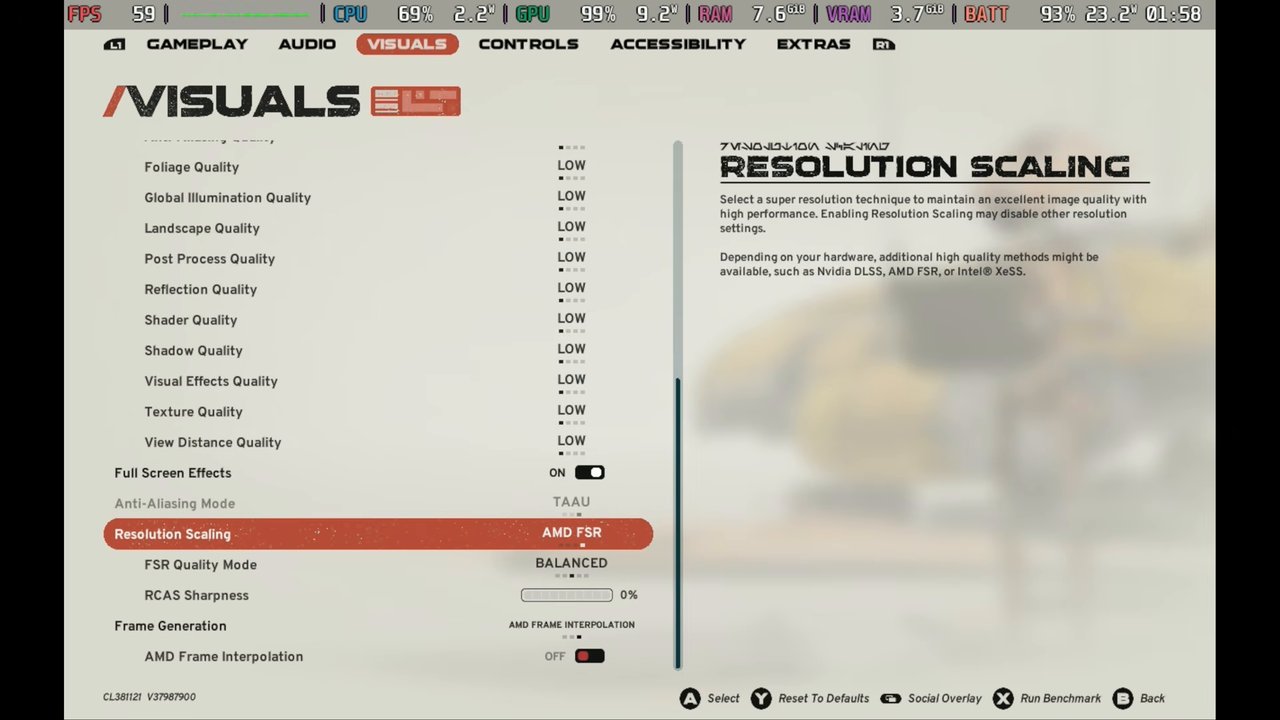 Galactic Racer visual settings on Steam Deck OLED: Low quality, AMD FSR Balanced, frame interpolation off