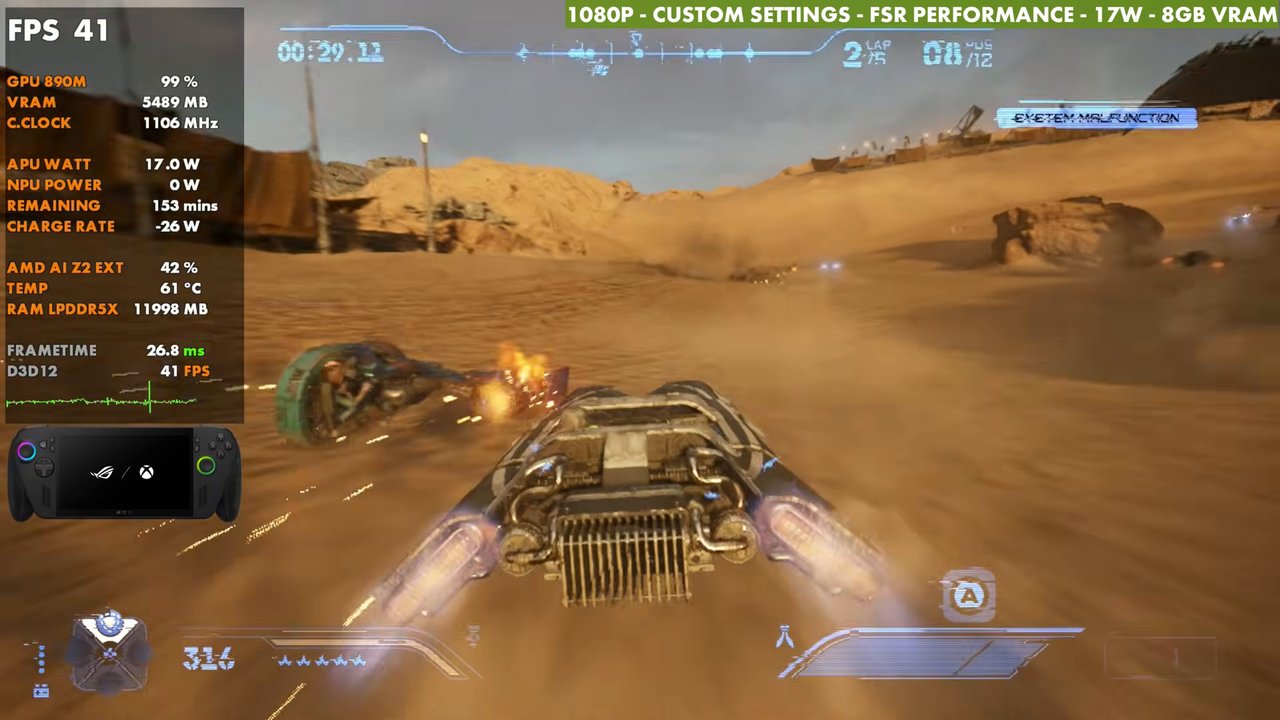 Star Wars Galactic Racer on ROG Xbox Ally X at 41 FPS, 1080p custom, FSR Performance, 17W