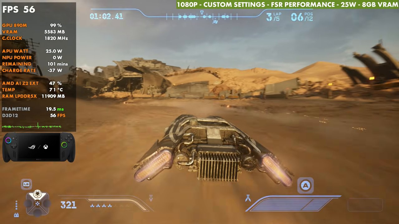 Star Wars Galactic Racer on ROG Xbox Ally X at 56 FPS, 1080p custom, FSR Performance, 25W