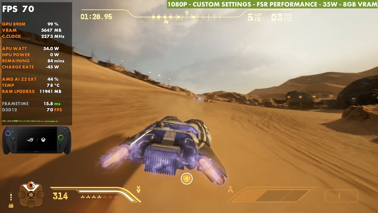 Star Wars Galactic Racer on ROG Xbox Ally X at 35W with 1080p custom settings and FSR Performance