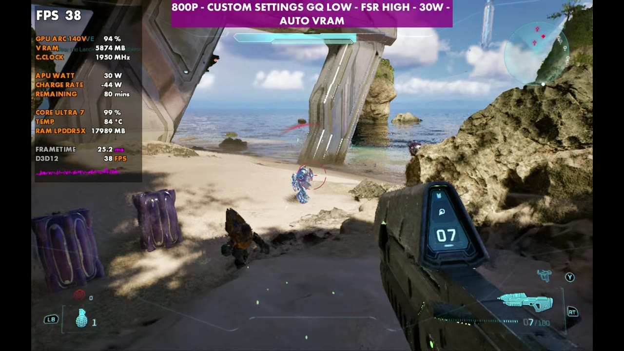 Halo: Campaign Evolved beach area on MSI Claw 8 AI+ at 38 FPS, 800p geometric low, FSR High, 30W