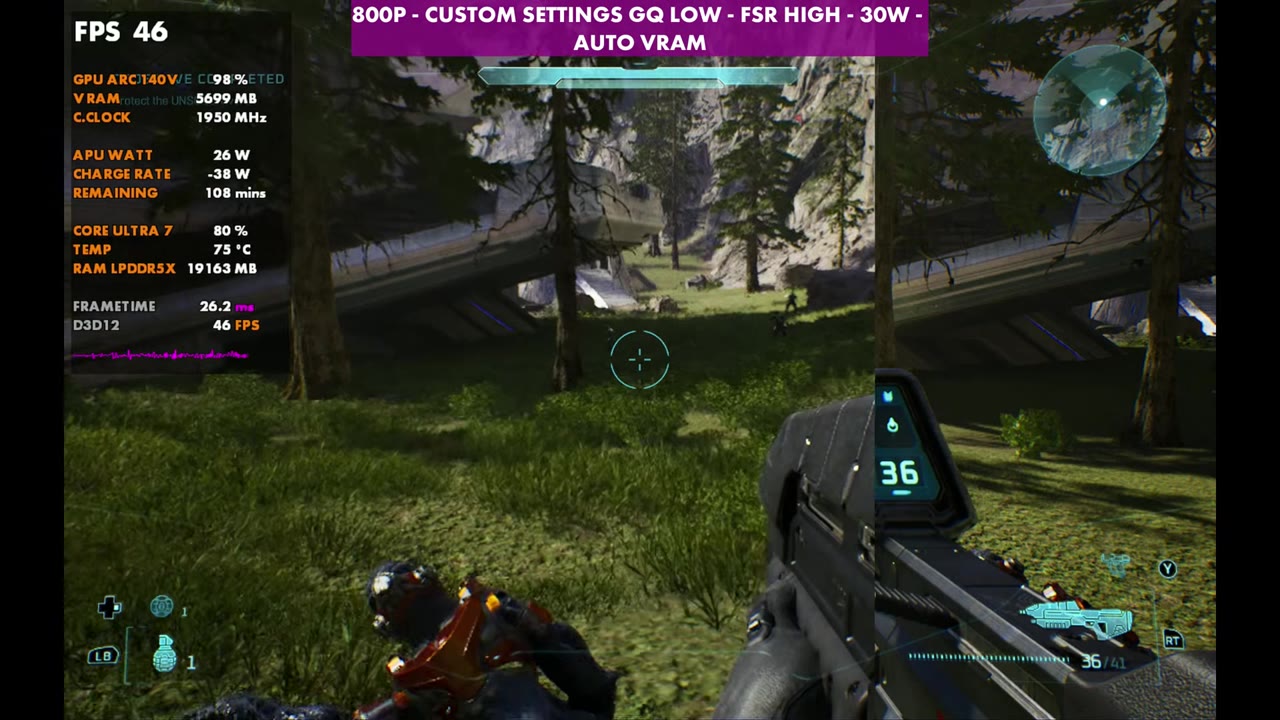 Halo: Campaign Evolved forest area on MSI Claw 8 AI+ at 46 FPS, 800p geometric low, FSR High, 30W
