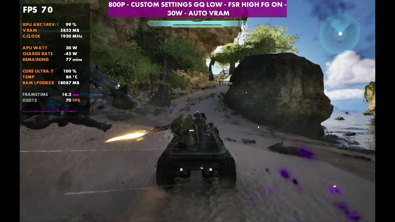 Halo: Campaign Evolved Warthog on the beach on MSI Claw 8 AI+ at 70 FPS, 800p geometric low, FSR High, frame gen on, 30W