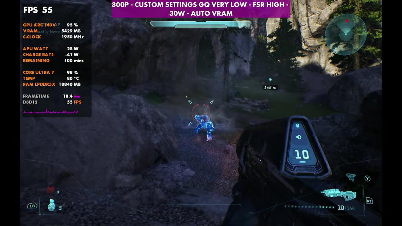 Halo: Campaign Evolved firefight on MSI Claw 8 AI+ at 55 FPS, 800p geometric very low, FSR High, 30W