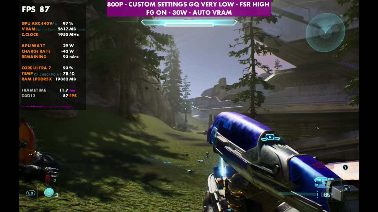 Halo: Campaign Evolved on MSI Claw 8 AI+ at 87 FPS, 800p geometric very low, FSR High, frame gen on, 30W