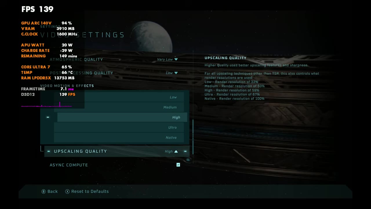 Halo: Campaign Evolved Upscaling Quality menu set to High, with Async Compute on
