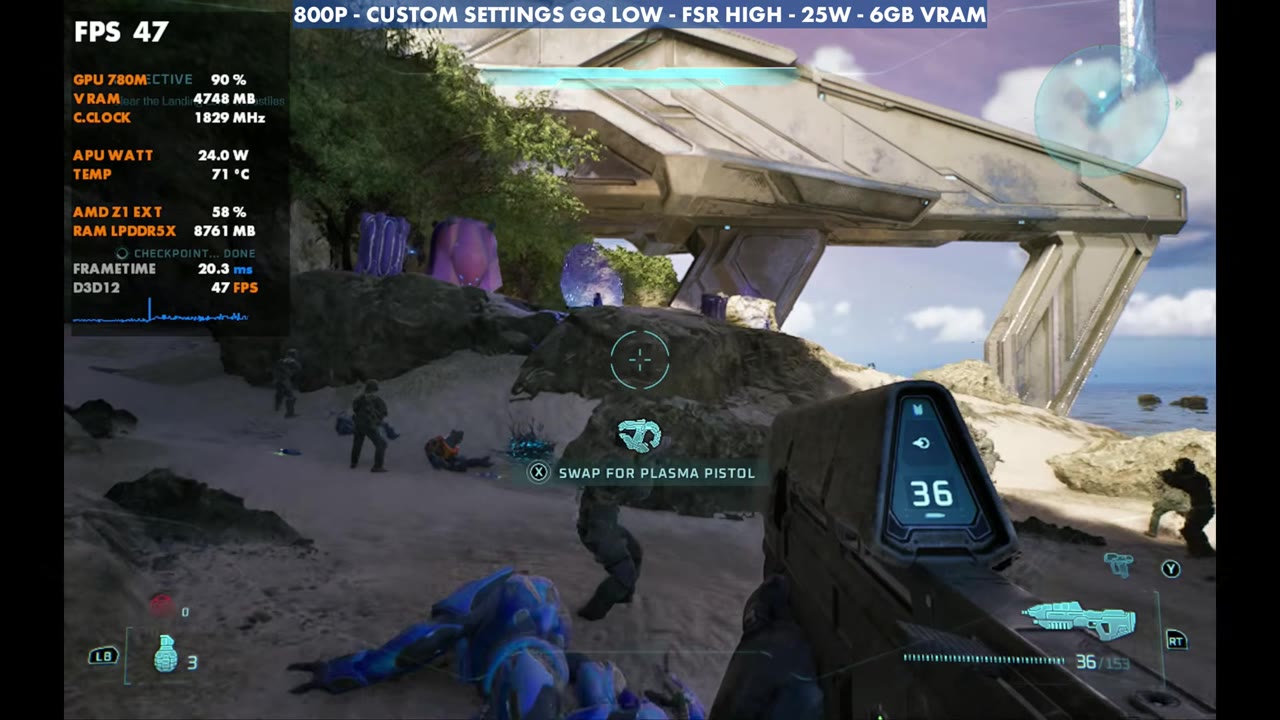 Halo: Campaign Evolved beach on Legion Go Z1 Extreme at 47 FPS, 800p geometric low, FSR High, 25W