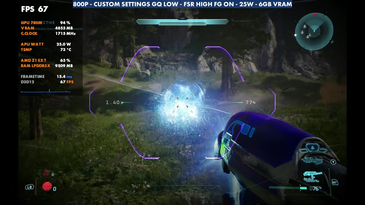 Halo: Campaign Evolved plasma fire on Legion Go Z1 Extreme at 67 FPS, 800p geometric low, FSR High, frame gen on, 25W
