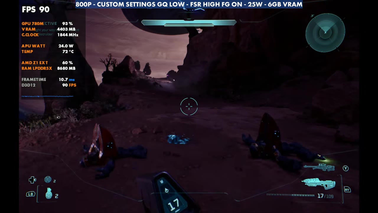 Halo: Campaign Evolved night area on Legion Go Z1 Extreme at 90 FPS, 800p geometric low, FSR High, frame gen on, 25W