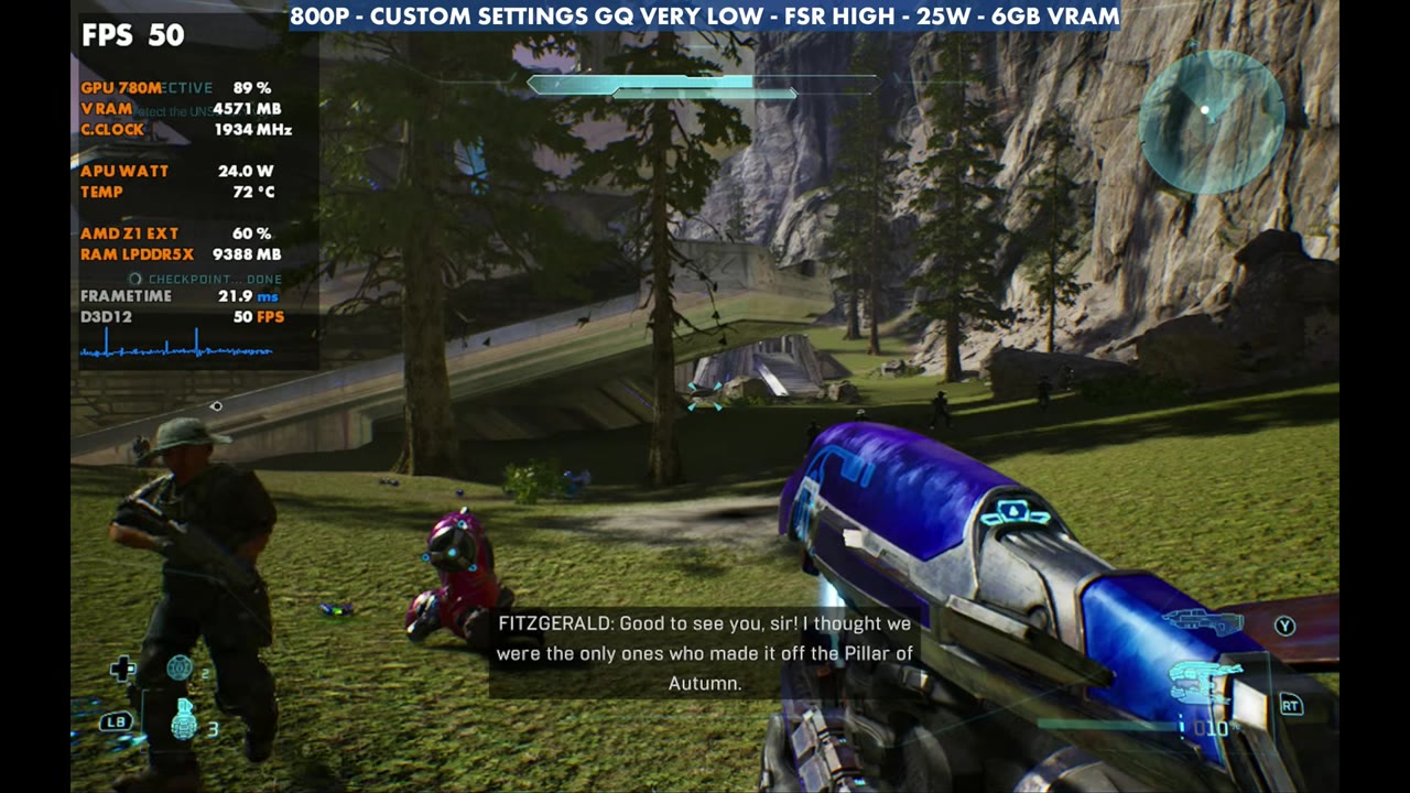 Halo: Campaign Evolved on Legion Go Z1 Extreme at 50 FPS, 800p geometric very low, FSR High, 25W