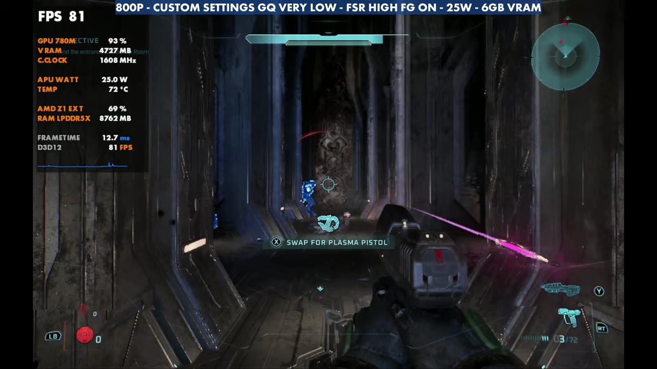 Halo: Campaign Evolved indoor corridor on Legion Go Z1 Extreme at 81 FPS, 800p geometric very low, FSR High, frame gen on, 25W