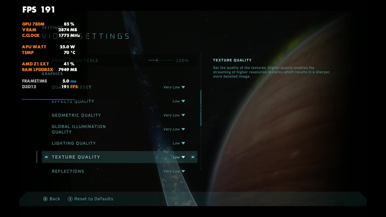 Halo: Campaign Evolved video settings on Legion Go: Effects Low, Geometric Very Low, Global Illumination Very Low, Lighting Low, Texture Low, Reflections Very Low