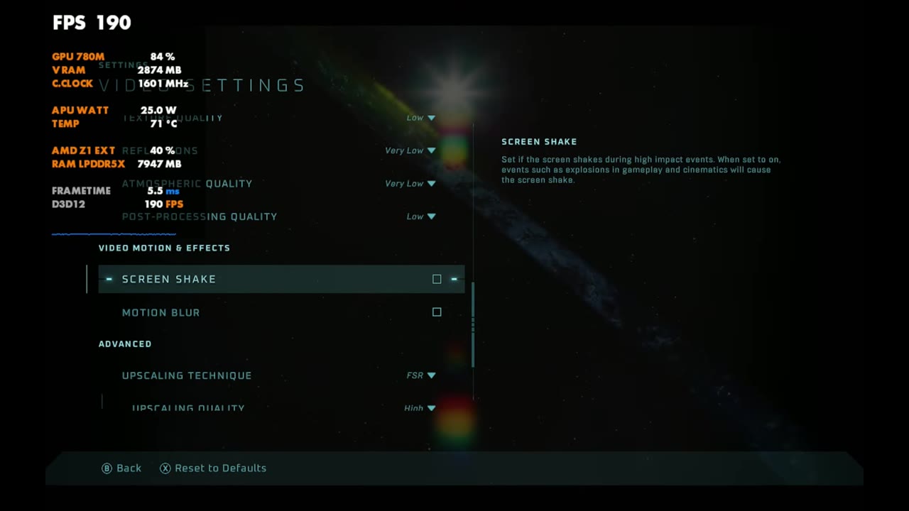 Halo: Campaign Evolved video settings on Legion Go: Texture Low, Reflections Very Low, Atmospheric Very Low, Post-Processing, Screen Shake and Motion Blur