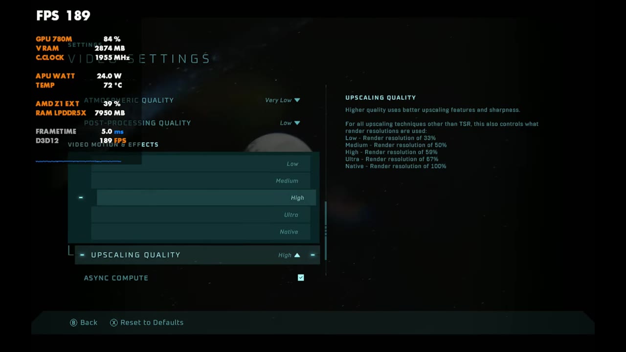 Halo: Campaign Evolved Upscaling Quality menu set to High on the Legion Go