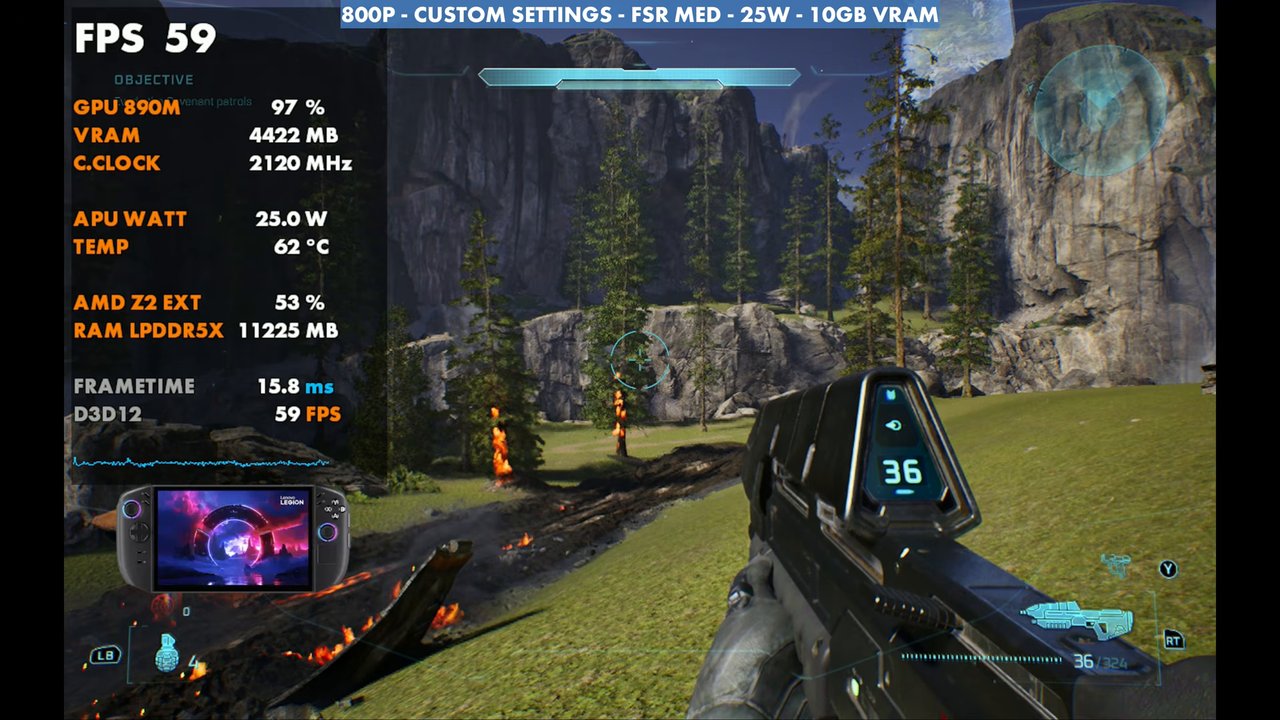 Halo: Campaign Evolved on Legion Go 2 at 59 FPS, 800p custom settings, FSR Medium, 25W