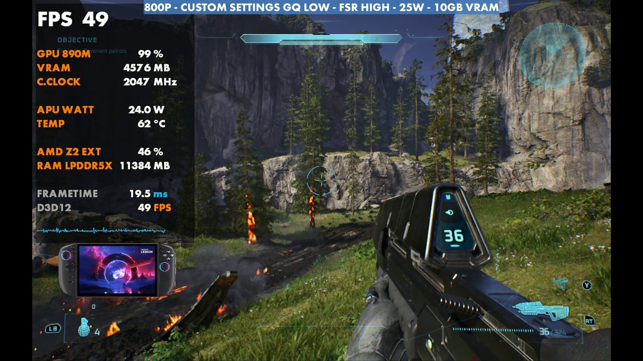 Halo: Campaign Evolved on Legion Go 2 at 49 FPS, 800p custom settings with geometric quality low, FSR High, 25W