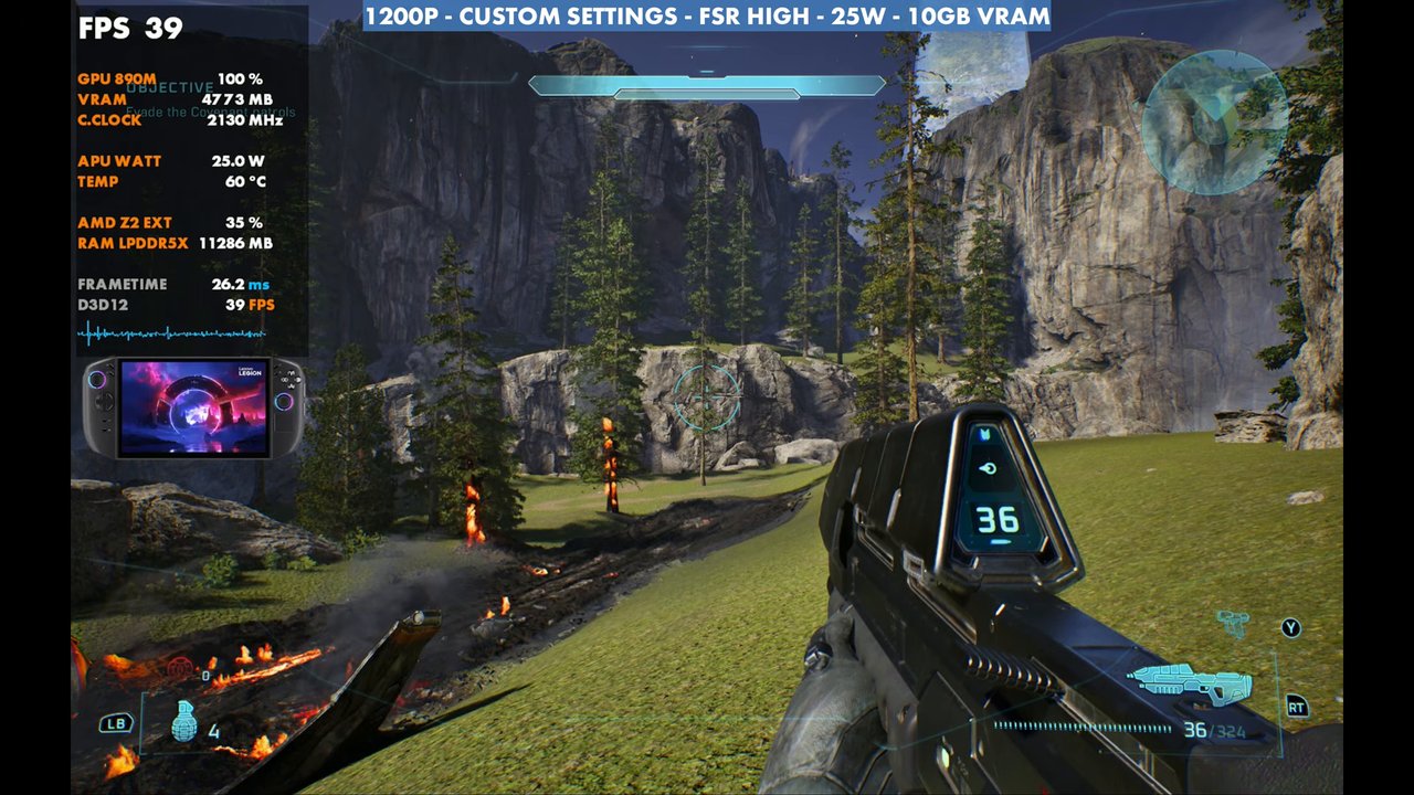 Halo: Campaign Evolved on Legion Go 2 at 39 FPS, 1200p custom settings, FSR High, 25W