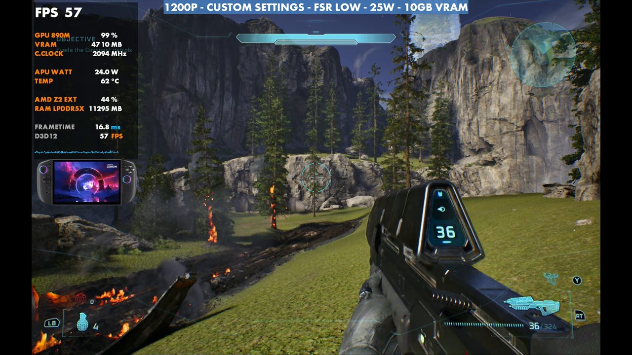 Halo: Campaign Evolved on Legion Go 2 at 57 FPS, 1200p custom settings, FSR Low, 25W