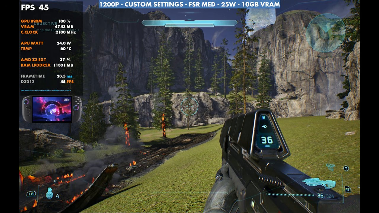 Halo: Campaign Evolved on Legion Go 2 at 45 FPS, 1200p custom settings, FSR Medium, 25W