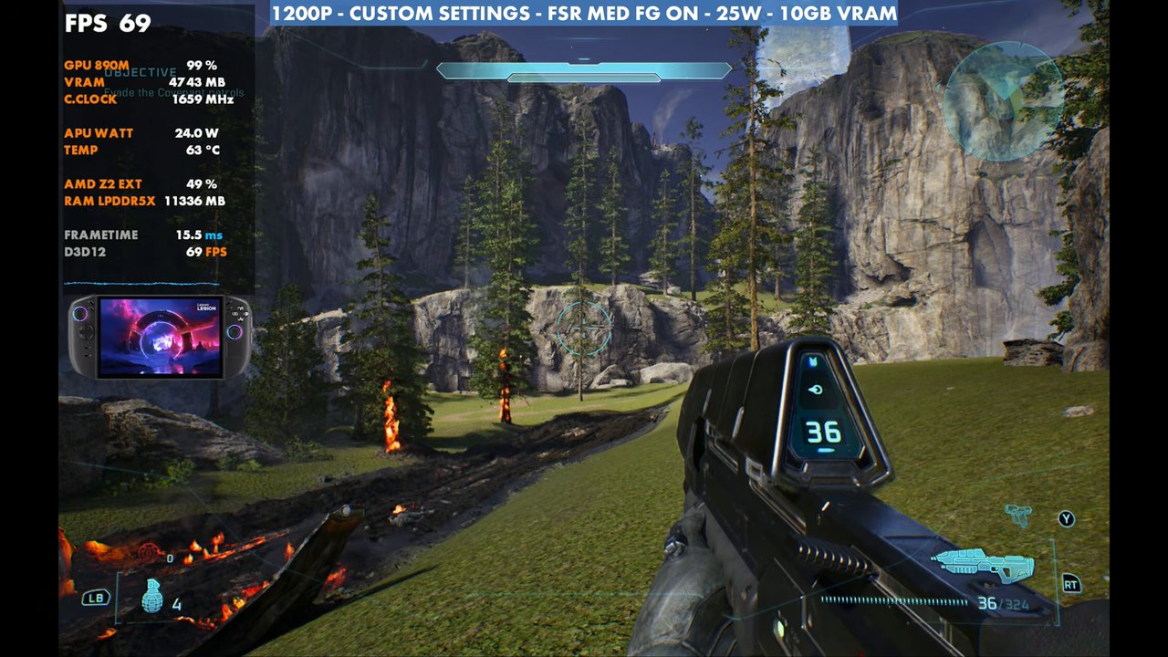 Halo: Campaign Evolved on Legion Go 2 at 69 FPS, 1200p custom settings, FSR Medium, frame gen on, 25W
