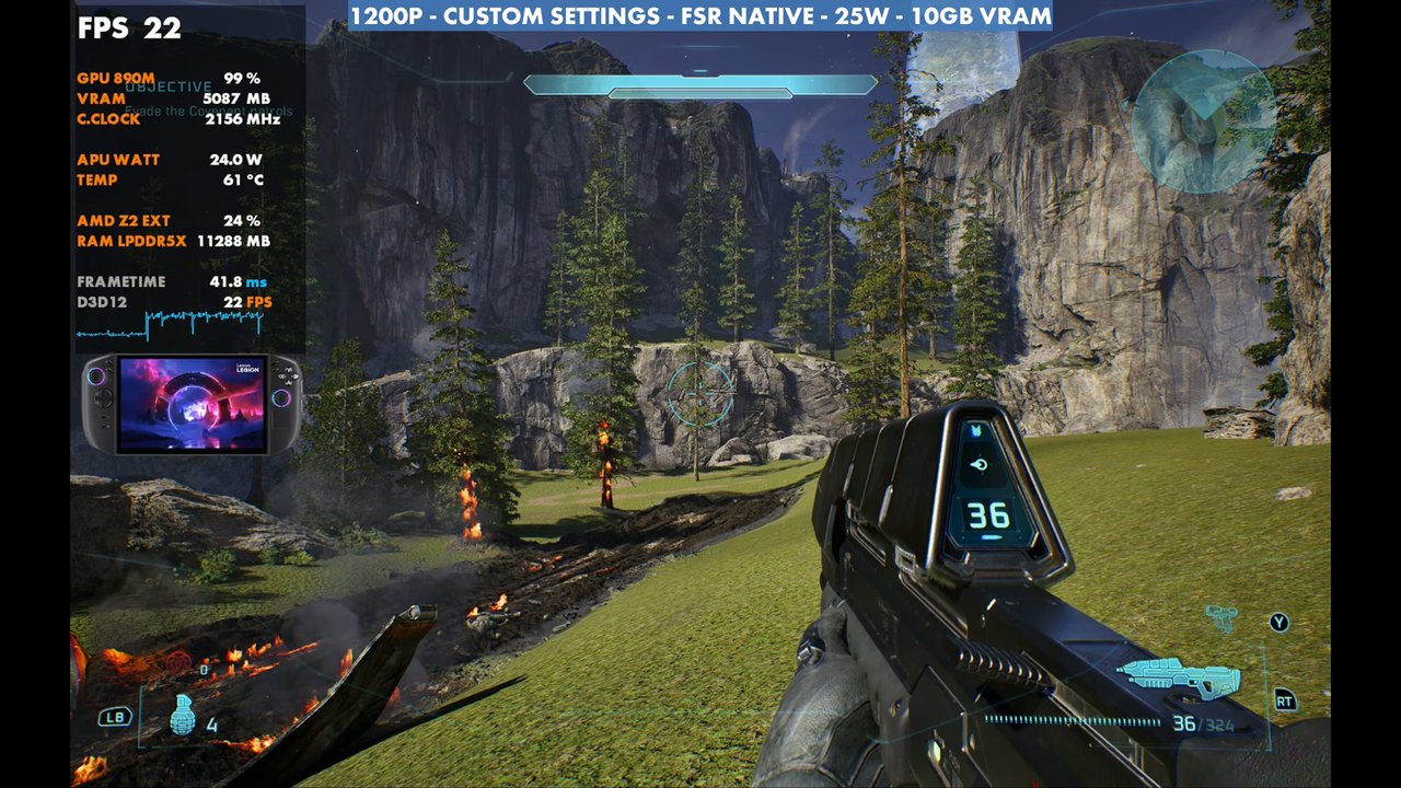 Halo: Campaign Evolved on Legion Go 2 at 22 FPS, 1200p custom settings, FSR Native, 25W