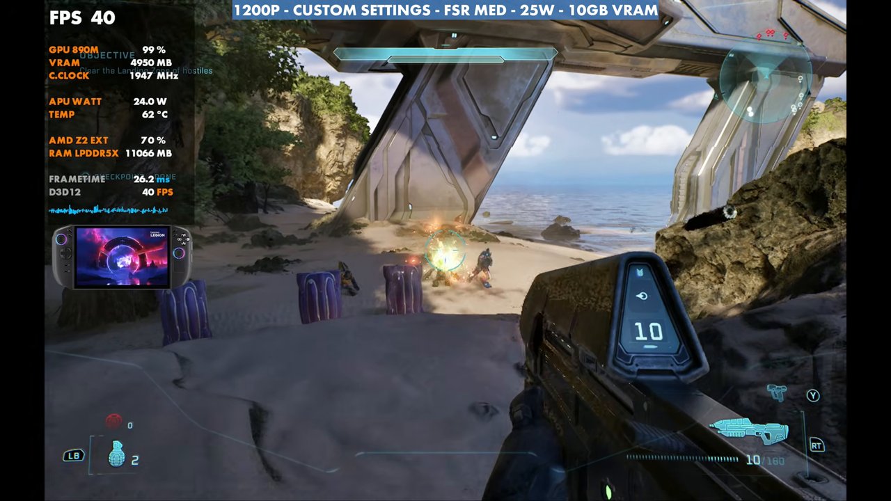 Halo: Campaign Evolved beach firefight on Legion Go 2 at 40 FPS, 1200p custom settings, FSR Medium, 25W