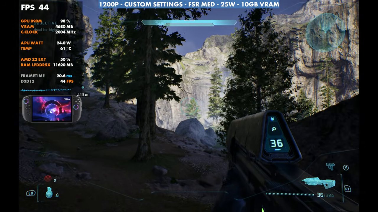 Halo: Campaign Evolved forest on Legion Go 2 at 44 FPS, 1200p custom settings, FSR Medium, 25W