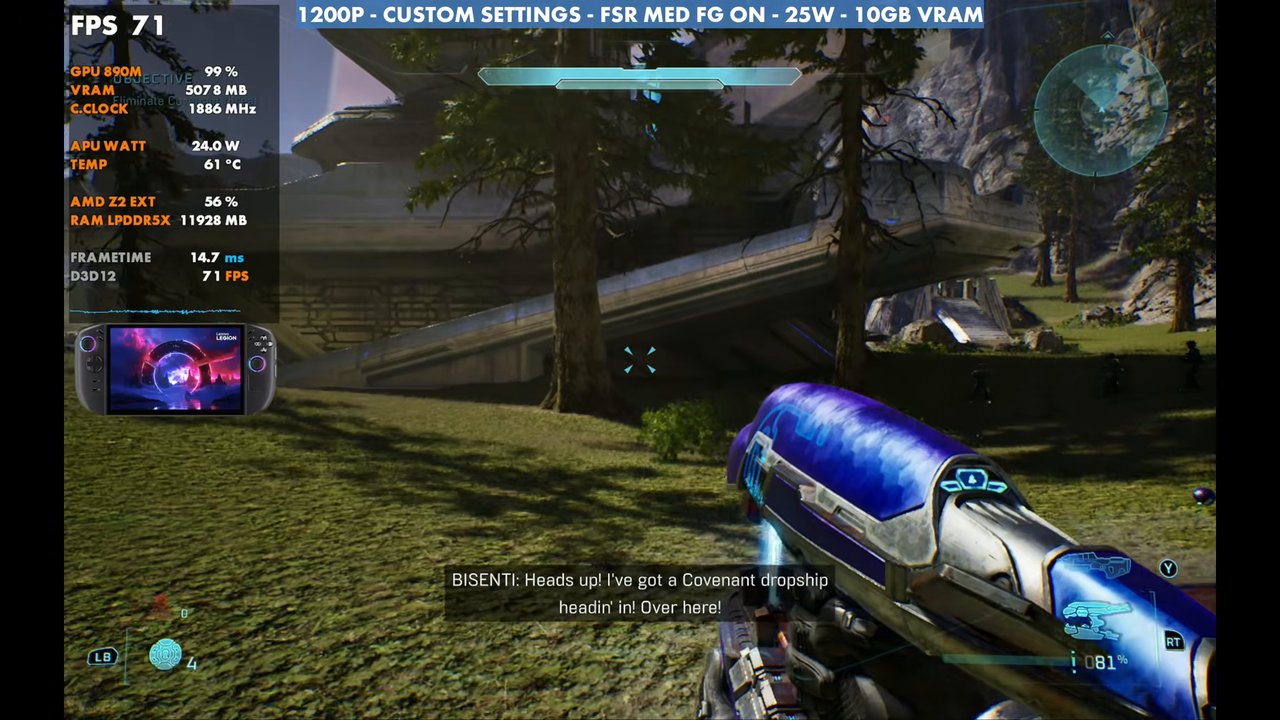Halo: Campaign Evolved on Legion Go 2 at 71 FPS, 1200p custom settings, FSR Medium, frame gen on, 25W
