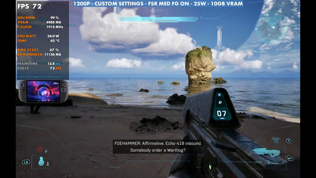 Halo: Campaign Evolved beach on Legion Go 2 at 72 FPS, 1200p custom settings, FSR Medium, frame gen on, 25W