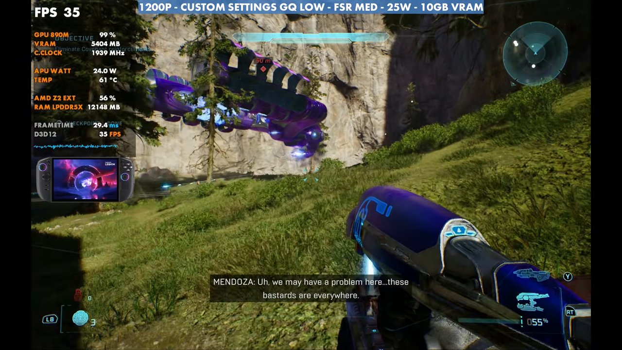 Halo: Campaign Evolved on Legion Go 2 at 35 FPS, 1200p custom settings with geometric quality low, FSR Medium, 25W