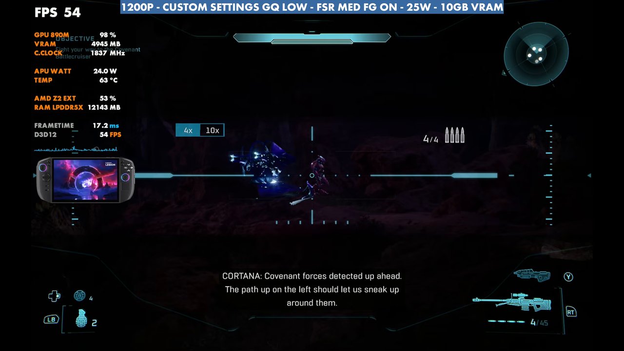 Halo: Campaign Evolved night sniper scope on Legion Go 2 at 54 FPS, 1200p geometric quality low, FSR Medium, frame gen on, 25W
