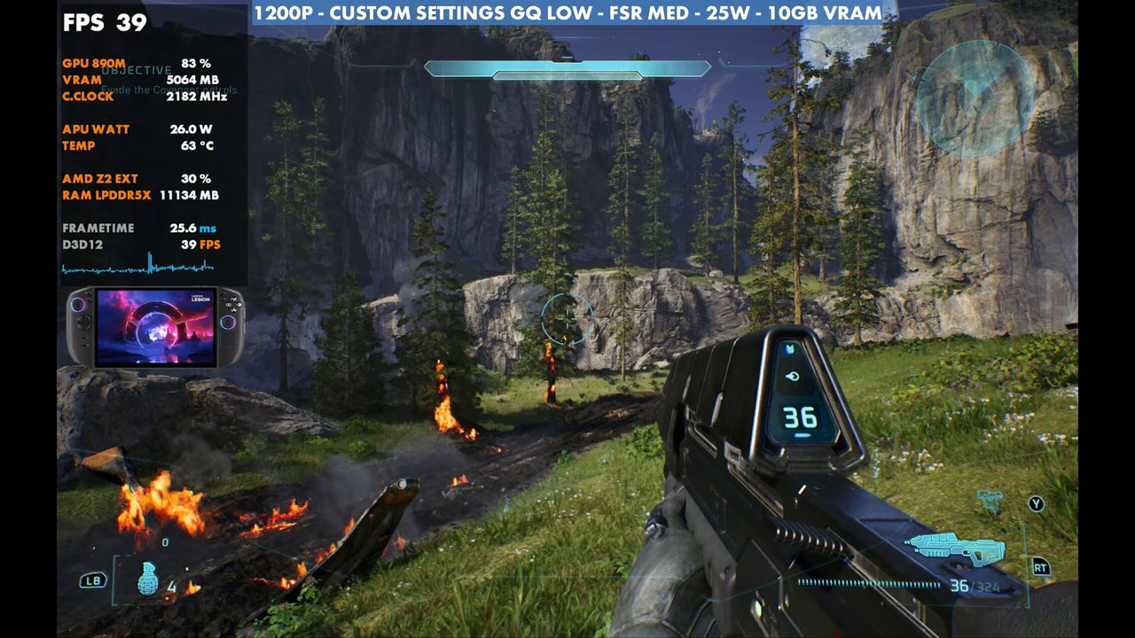 Halo: Campaign Evolved on Legion Go 2 at 39 FPS, 1200p custom settings with geometric quality low, FSR Medium, 25W