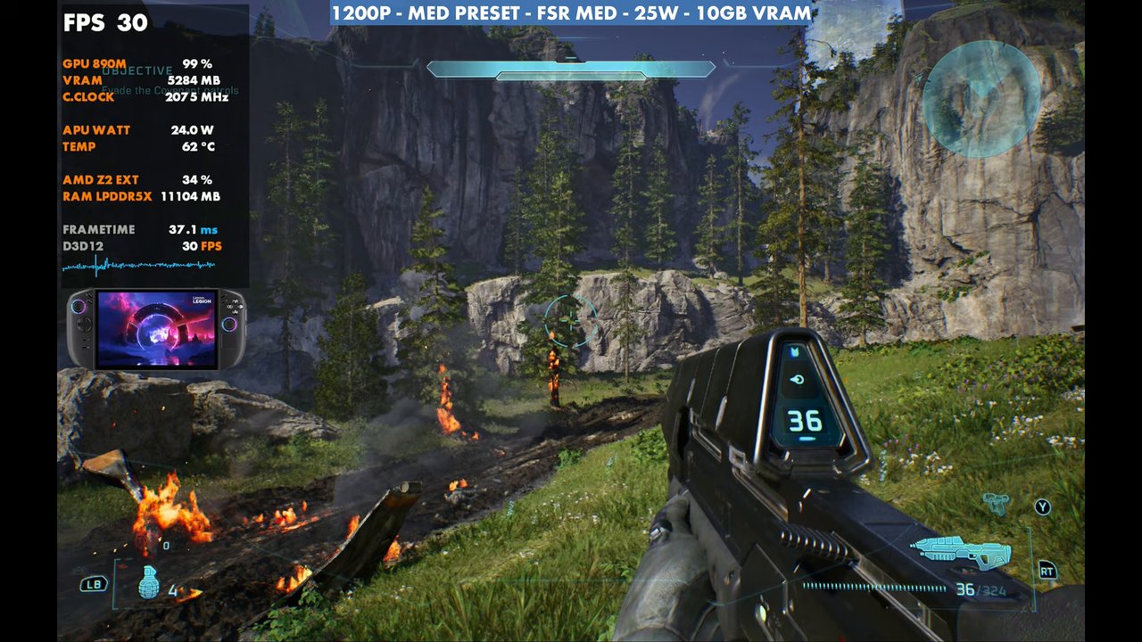 Halo: Campaign Evolved on Legion Go 2 at 30 FPS, 1200p medium preset, FSR Medium, 25W