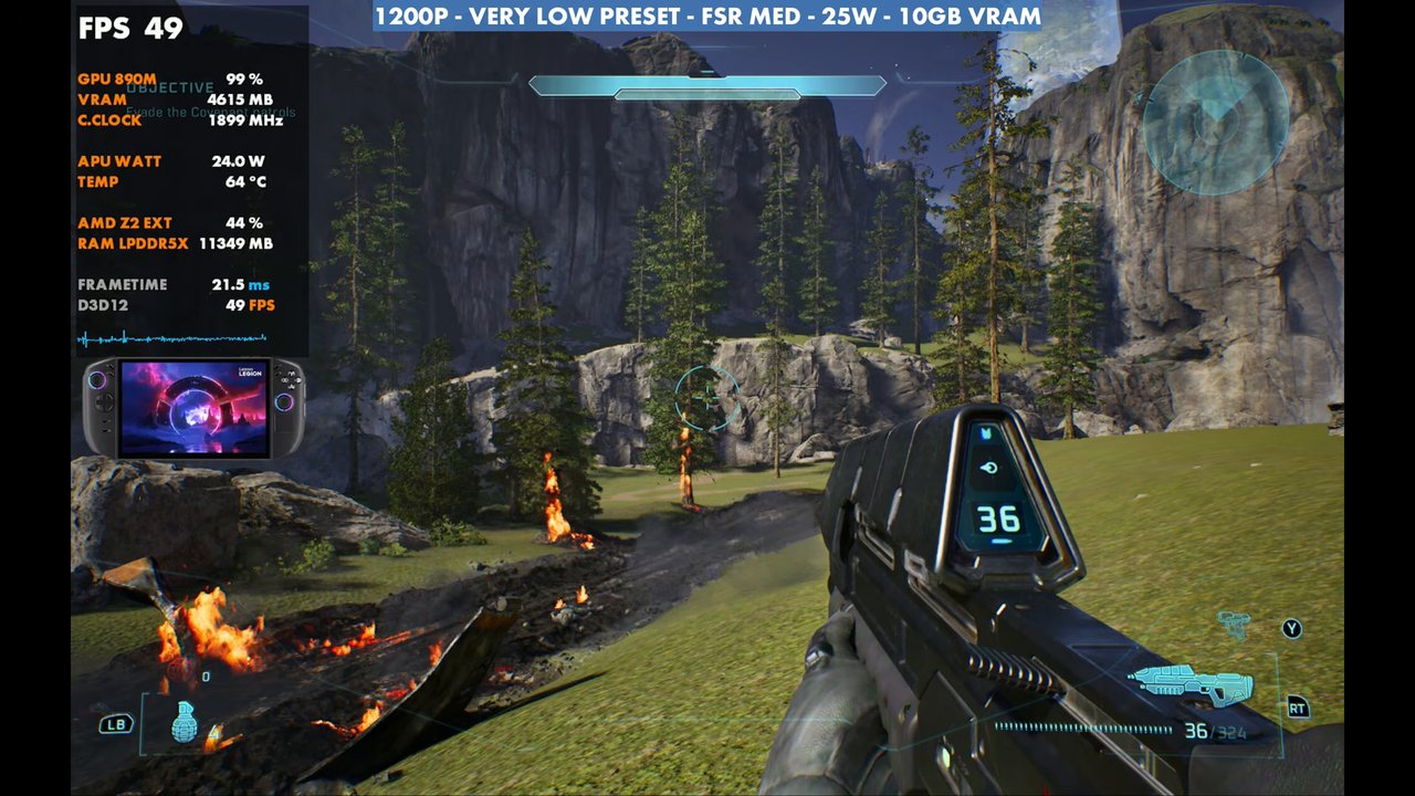 Halo: Campaign Evolved on Legion Go 2 at 49 FPS, 1200p very low preset, FSR Medium, 25W