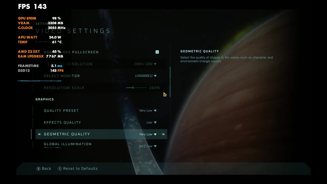 Halo: Campaign Evolved video settings on Legion Go 2: Quality Preset Very Low, Effects Low, Geometric Quality Very Low
