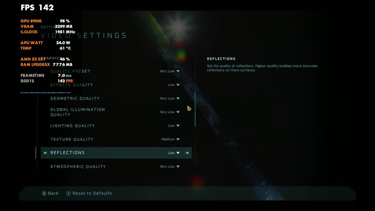 Halo: Campaign Evolved video settings on Legion Go 2: Geometric and Global Illumination Very Low, Lighting Low, Texture Medium, Reflections, Atmospheric Very Low