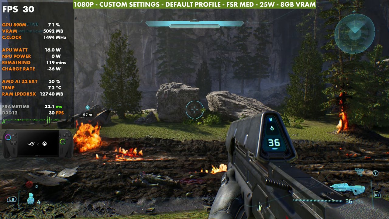 Halo: Campaign Evolved on ROG Xbox Ally X default game profile at 30 FPS and about 16W